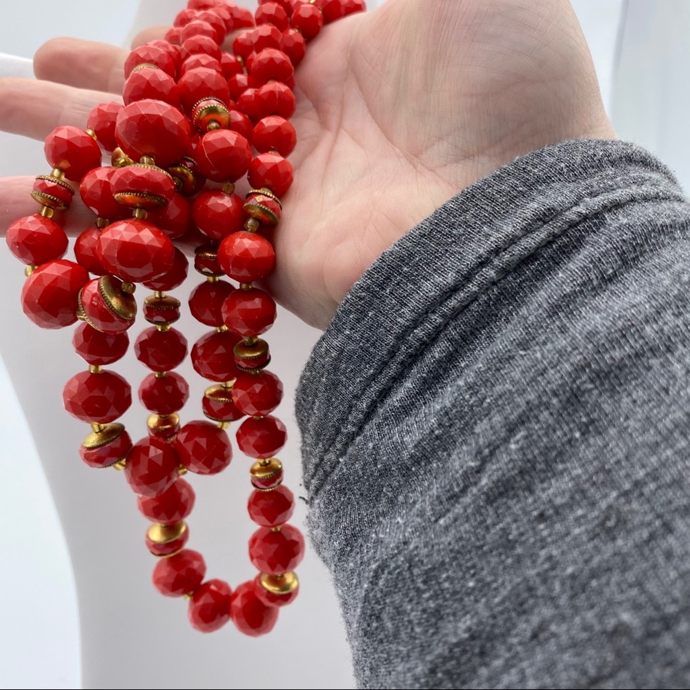 Vintage Germany Stamped Red Bead Multi Strand Nckl - Picture 6 of 14